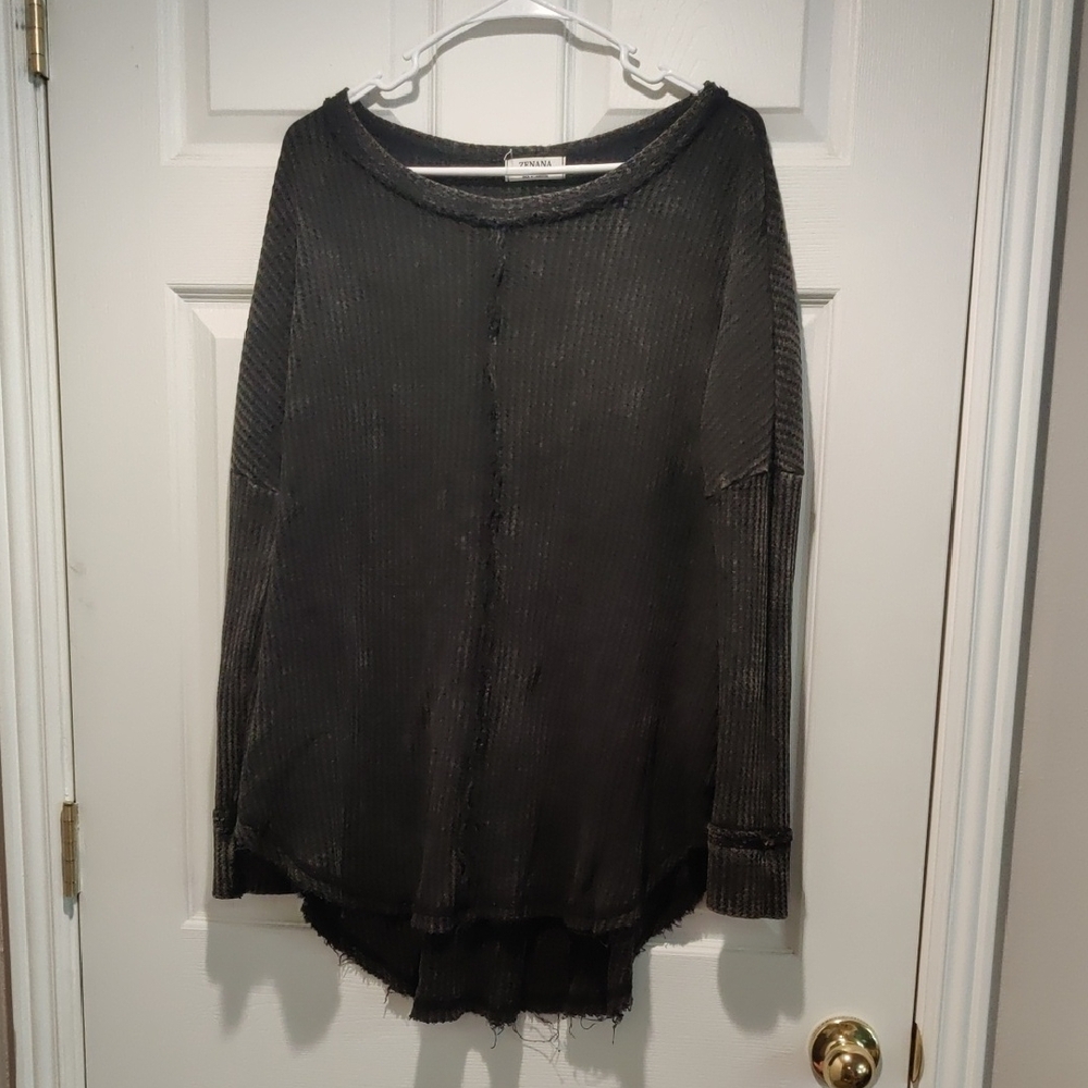 Zenana Acid Wash Black Thermal Top With Reverse Stitching